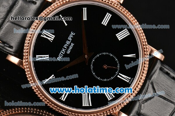 Patek Philippe Calatrava Miyota Quartz Rose Gold Case with Roman Numeral Markers and Black Dial - Click Image to Close